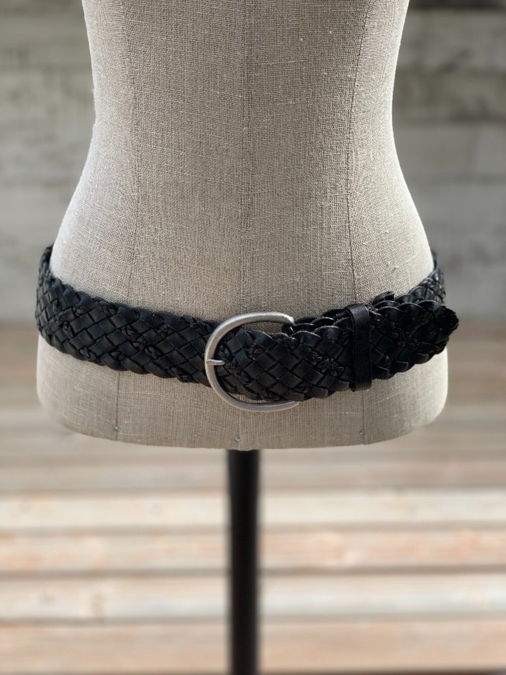 Braided Woven Black Leather Wide Statement Cinch Belt Boho Silver Buckle Western